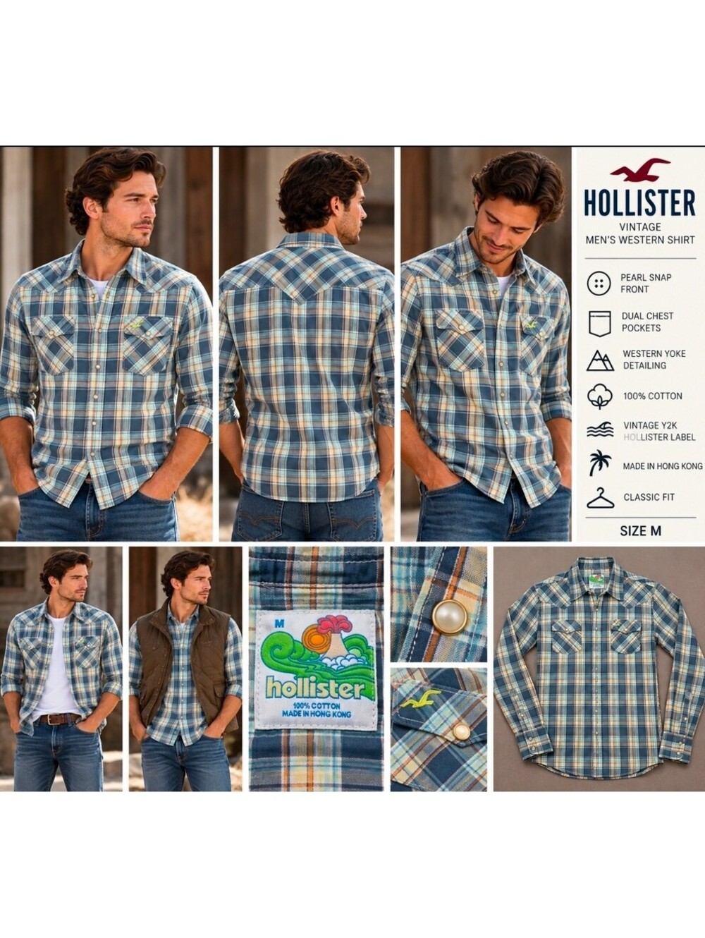 Vintage Y2K Hollister Western Pearl Snap Shirt Men M Plaid Hong Kong 100% Cotton